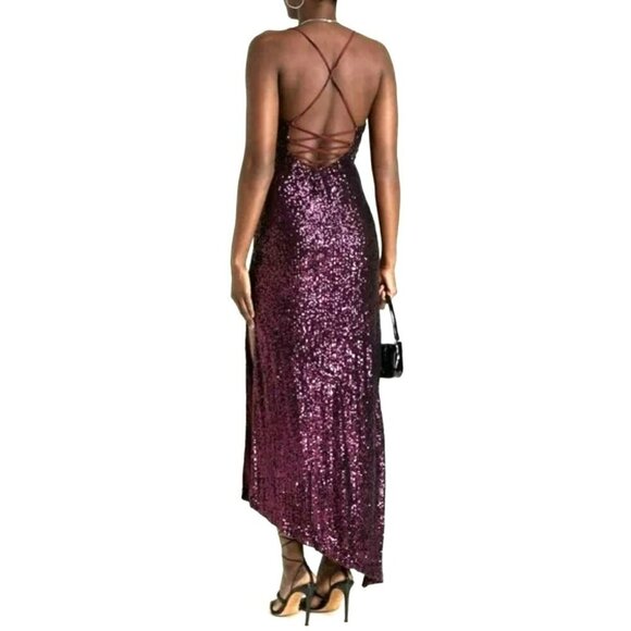 Retrofete $966 Sequin Violet Asymmetrical Tie Back Maxi Dress Sz XS NWT - Picture 2 of 12